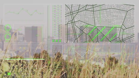 animation of interface with data processing against aerial view of cityscape