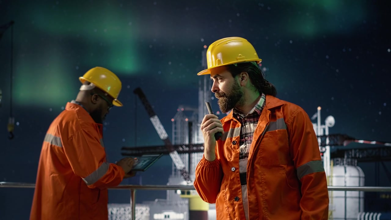 Ingeniør på offshore-boreplatform taler i walkie-talkie under global oliekrise