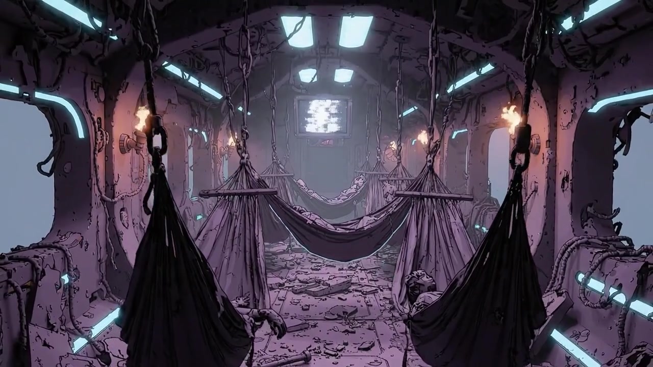 Ödslig interiör av en futuristisk övergiven struktur med trasiga hängmattor och spritt skräp som speglar ett tillstånd av förfall och försummelse i en sci-fi-miljö.