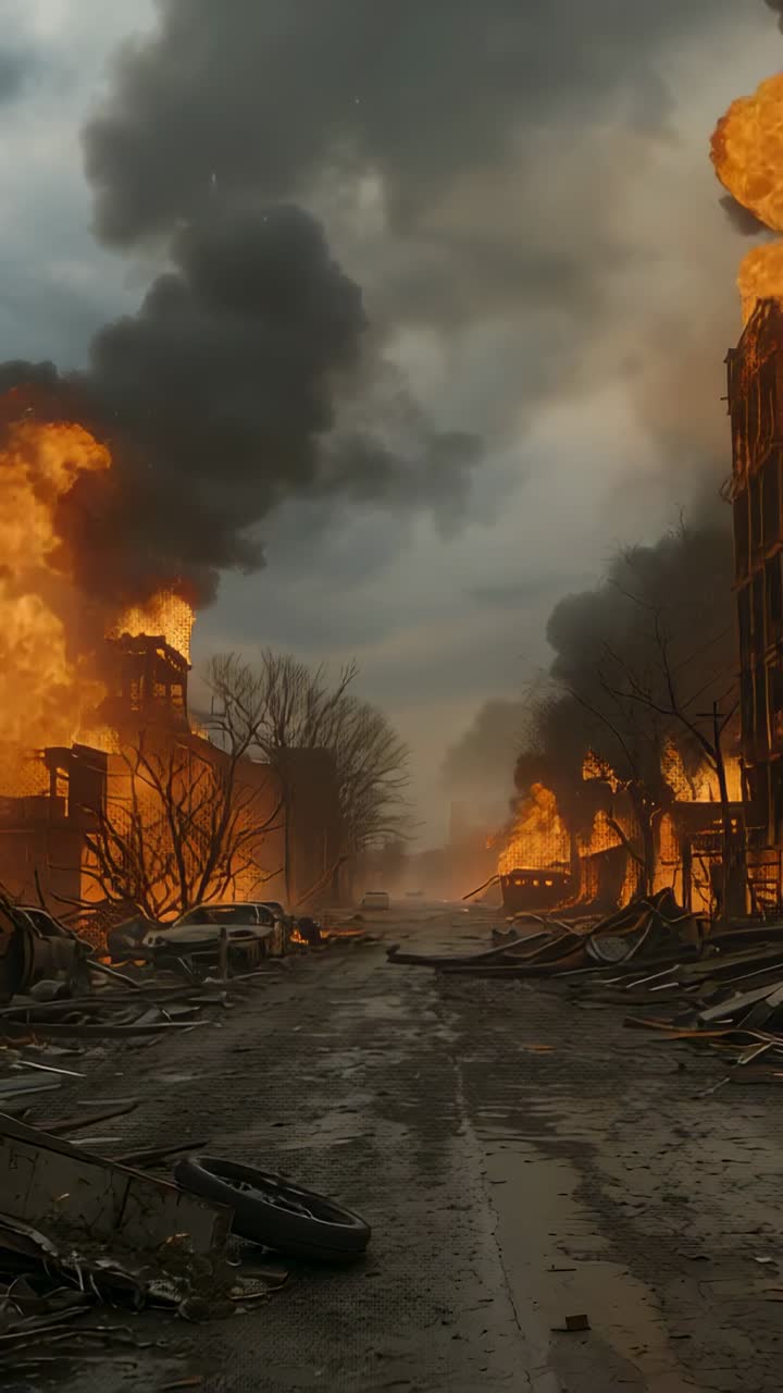 Vertical video: Starting camera tracking war-torn street in smoke haze, showing burning buildings