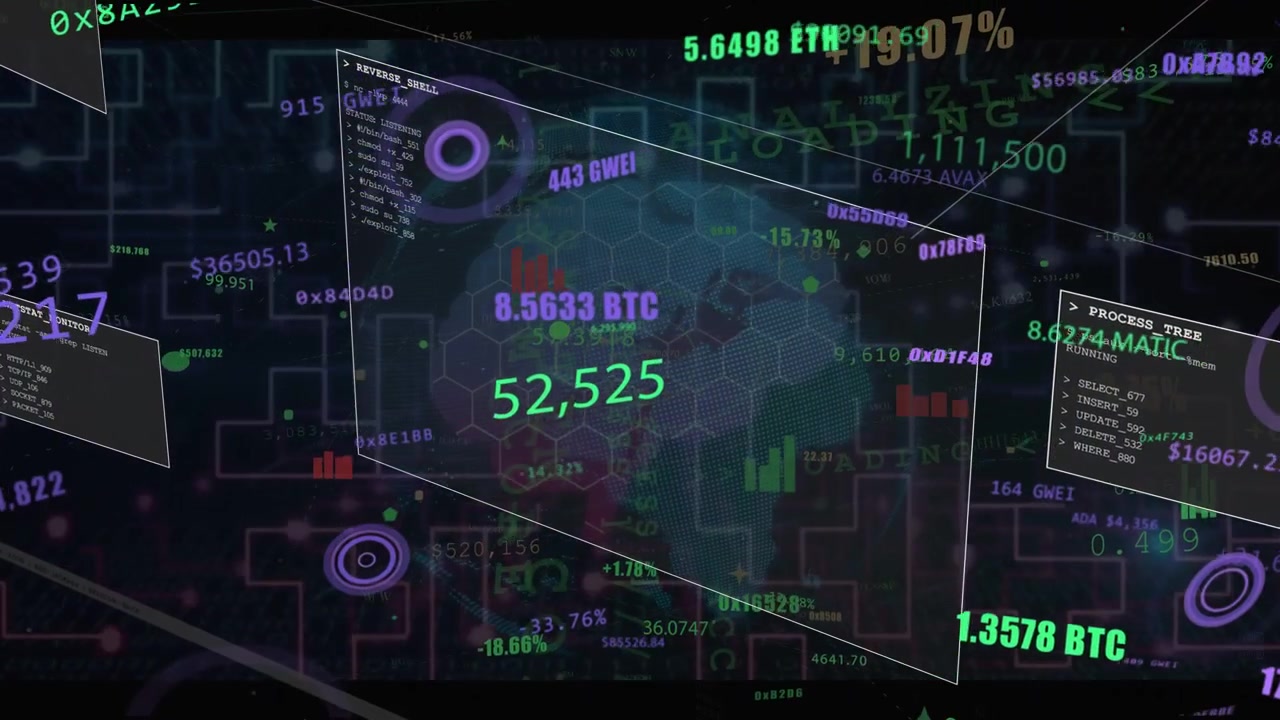 Market feed pulsing, central translucent panel and hex globe shifting, updating crypto tickers