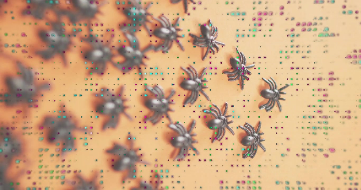 Enjambre de drones moviéndose por una cuadrícula, activado por un pulso de datos, desprendiendo y reuniendo nodos, visualizando el flujo