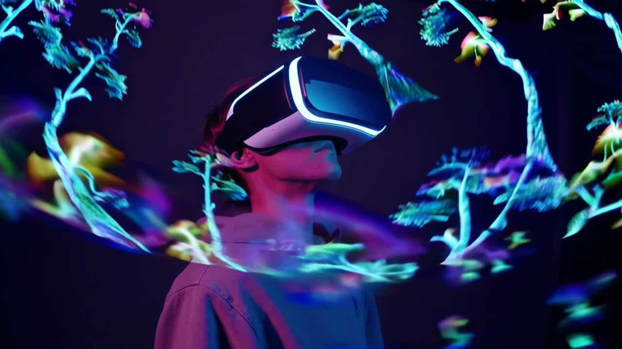 Person Wearing VR Headset with Abstract Nature Display