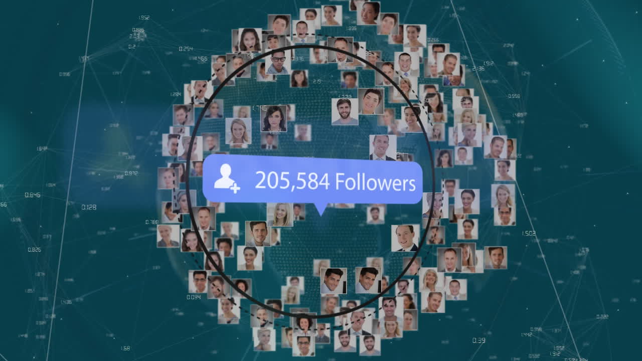 Speech bubble with followers text with increasing numbers against globe of profile icons