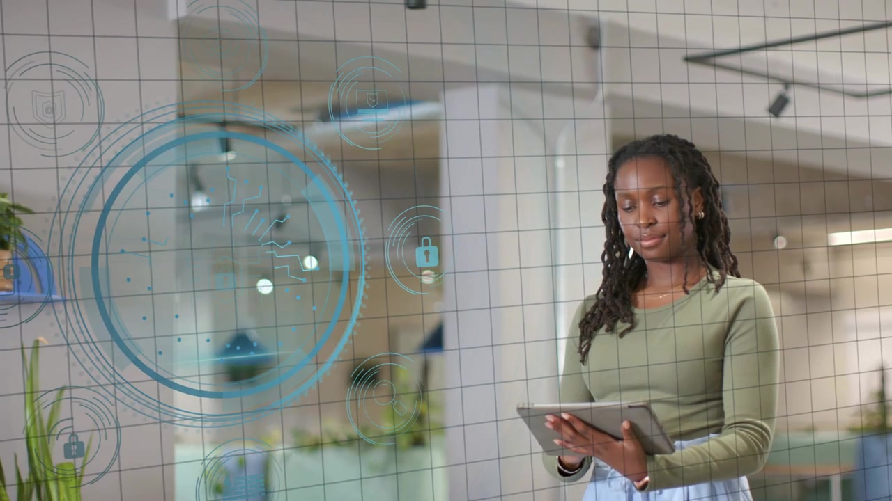 Woman tapping tablet causing rings rotating for cyber security, scan sweeping locks appearing