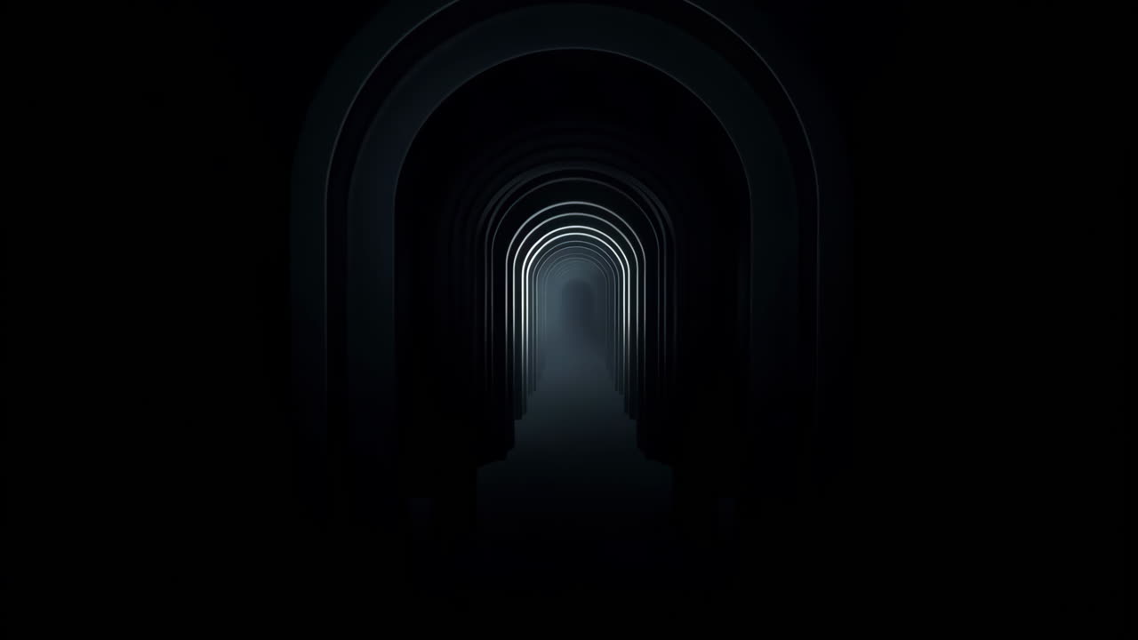 Dark Futuristic Tunnel with Arches and Light at End
