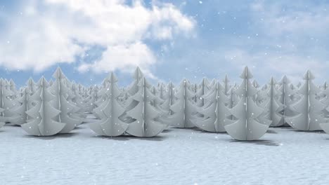 Animation-of-snow-falling-over-fir-trees-and-winter-landscape