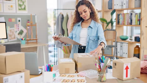 Online-order,-label-check-and-woman-with-small