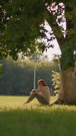 woman sits under tree in contemplative pose, arms folded over her legs, thoughtful expression on face, leaves sway gently in wind, sunlight filtering through branches, with distant goalpost