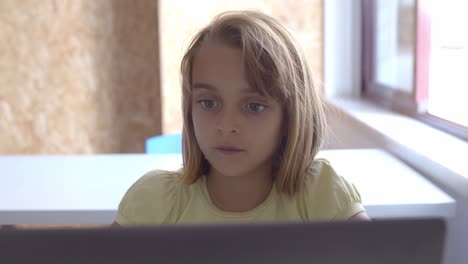 Pretty-schoolgirl-sitting-at-desks-with-laptop-in-classroom