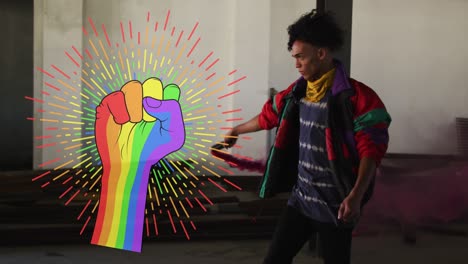 animation of rainbow fist over african american man with flare