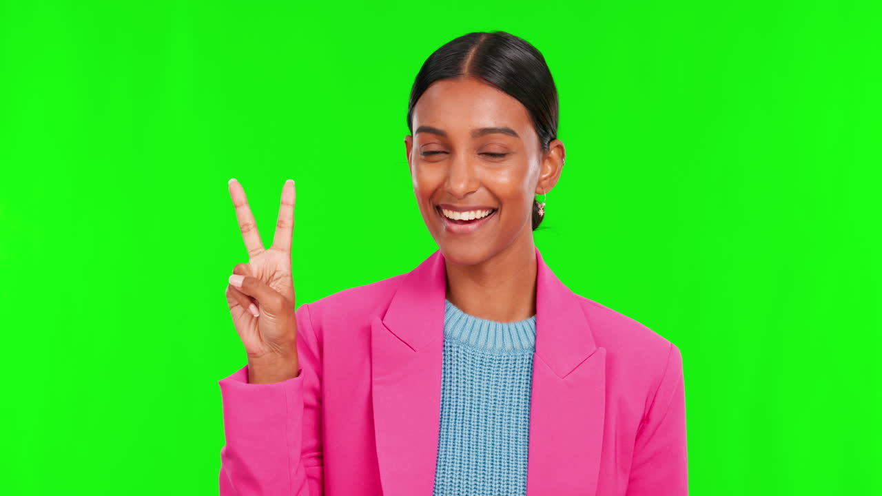 Happy woman, hands and counting on green screen
