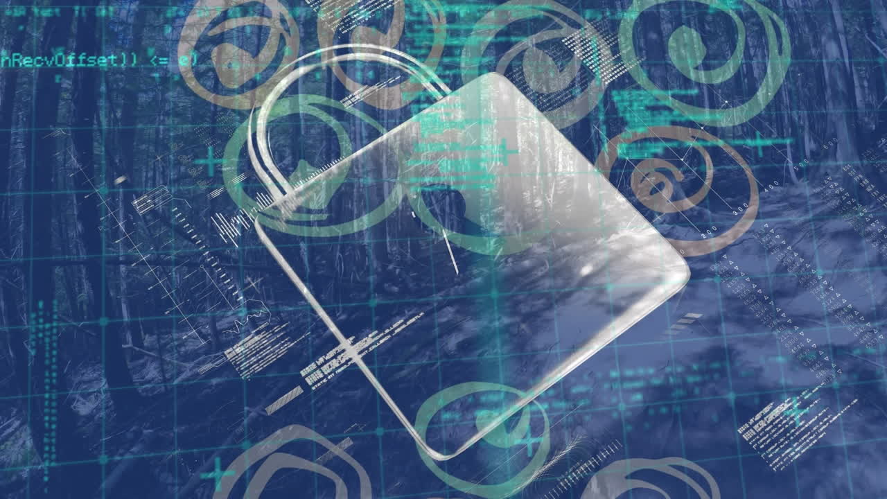 animación de iconos y candado digital sobre el procesamiento de datos sobre fondo azul