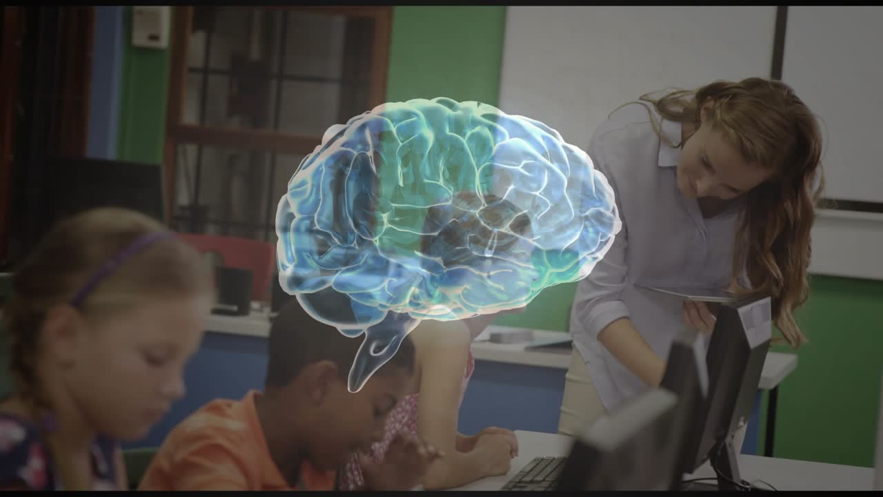 3D brain graphic fading into view as students typing in computer lab while teacher guiding progress