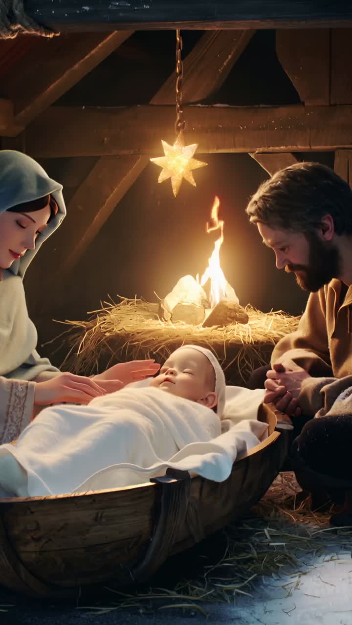 Video verticale: la telecamera si inclina da Mary che tocca il neonato rivelando Babbo Natale che solleva una stella sul tetto