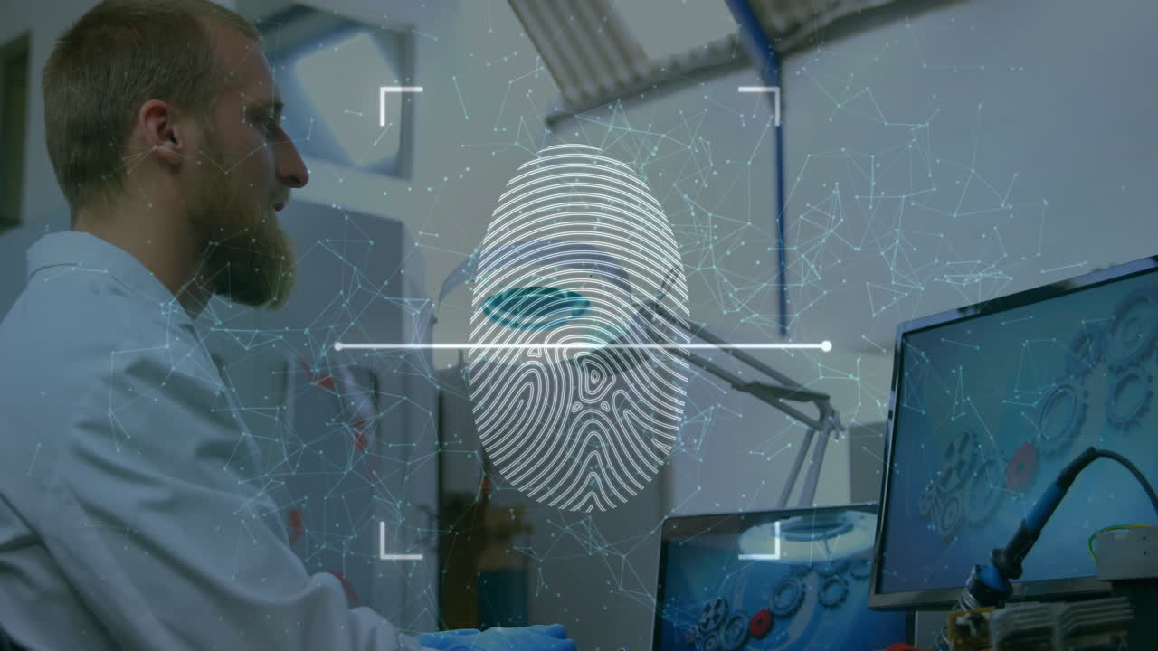 animación de conexiones con huellas dactilares sobre científico caucásico usando computadora