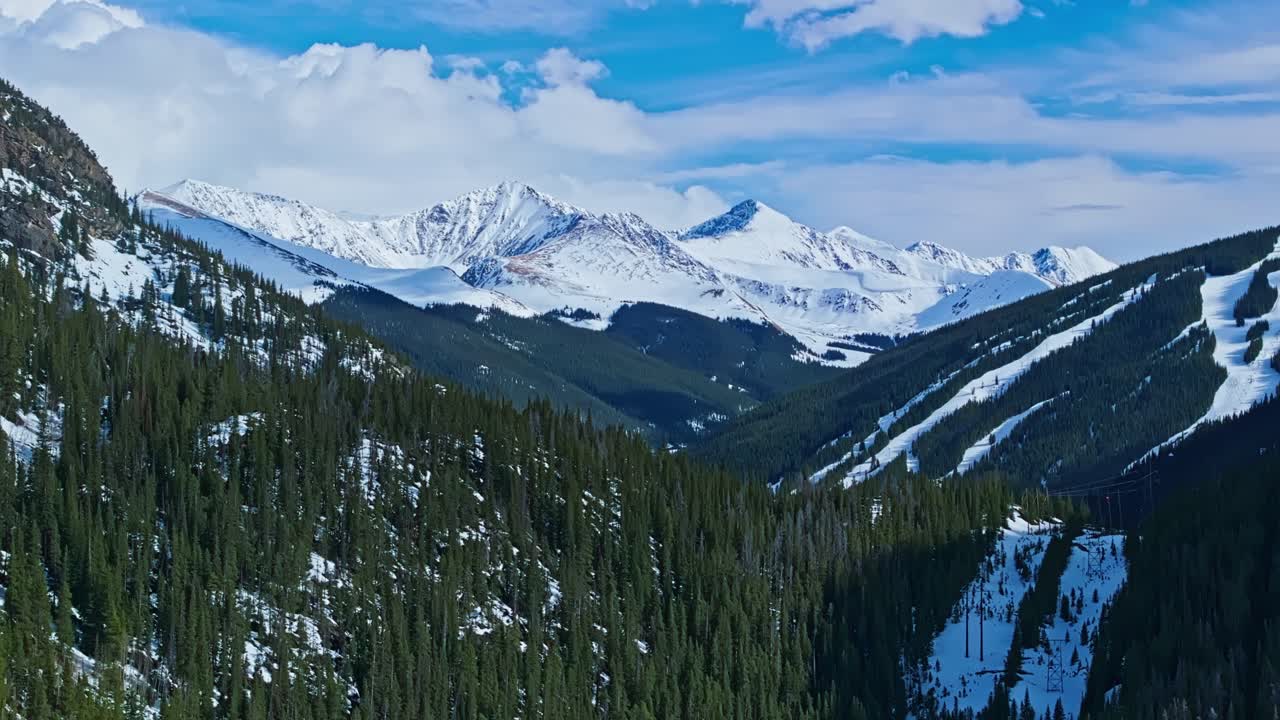 Panoramic mountain ascend establishing of Frisco Gulch, forested ridges and distant snow peaks