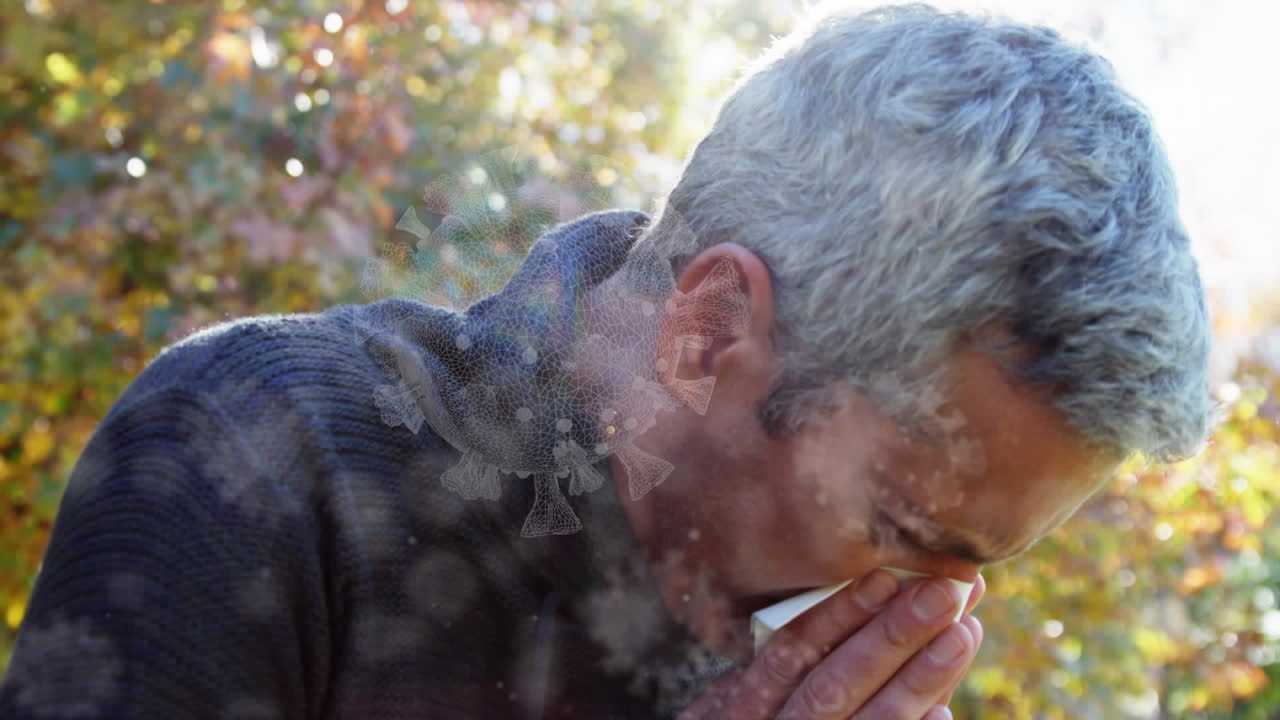 animación de células de covid-19 sobre un hombre enfermo soplando la nariz usando tejido