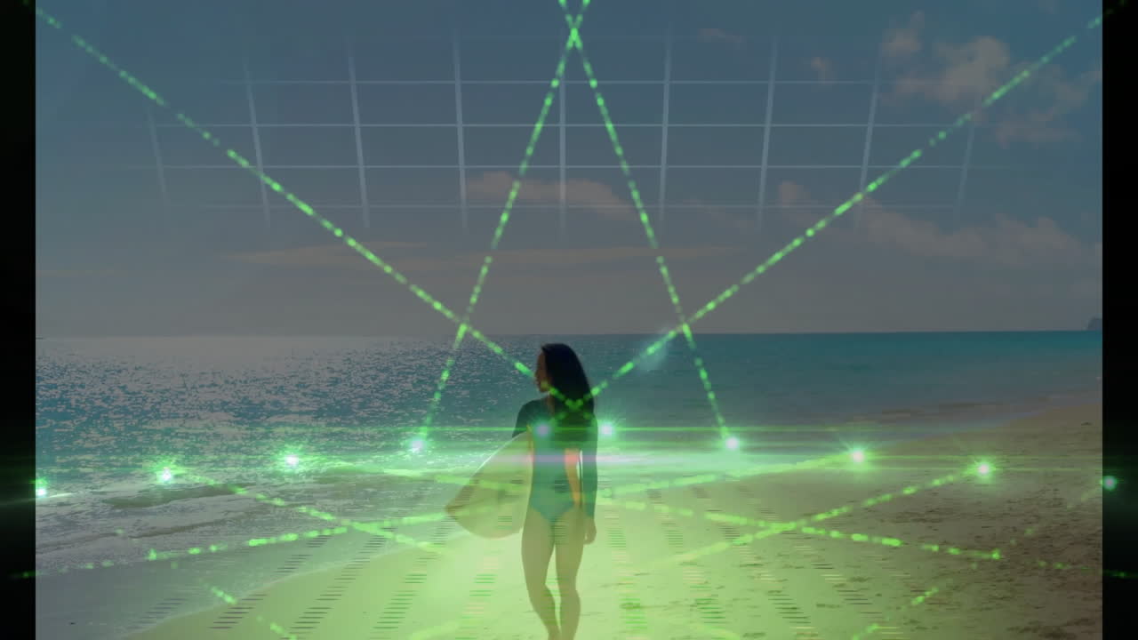 Surfer standing on beach with green laser grid animation over ocean background