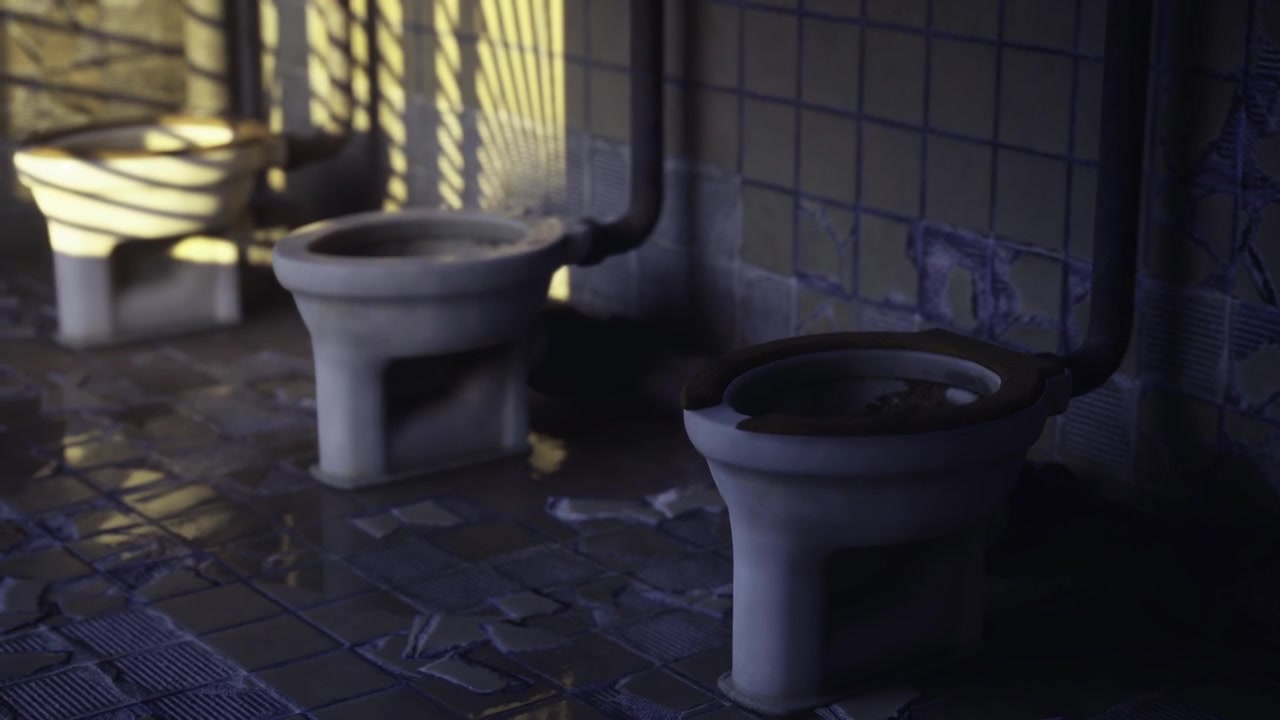 Abandoned porcelain facilities with cracked surfaces and moldy puddles