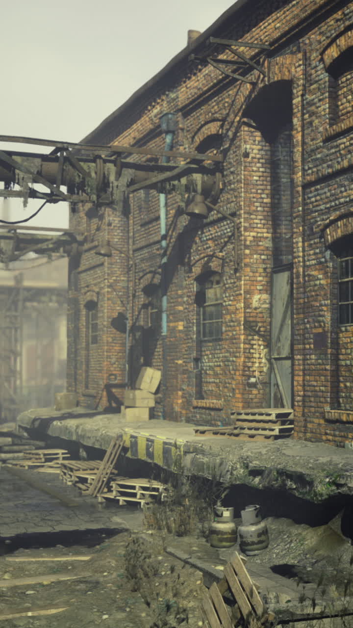 Old industrial area with crumbling brick buildings and debris on the ground