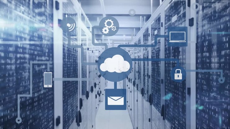 Animation of cloud icon with network of connections and data processing over computer servers