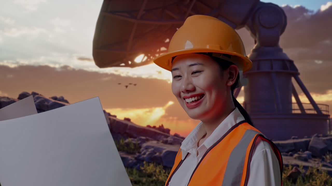 Close Up Side View Of Asian Female Engineer With Safety Helmet Looking At Blueprint In Her Hands And Looking Around While Standing With Large Satellite Dish