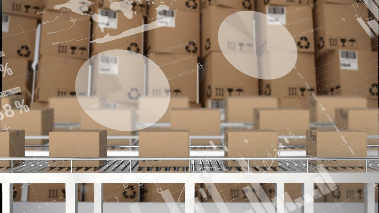 창고에서 컨베이어 벨트에 상자를 통해 금융 데이터 처리의 애니메이션