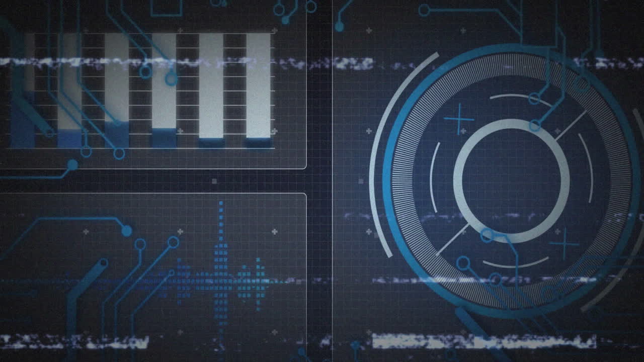 Futuristic digital interface displaying glitch lines and circuitry with bar chart and circular HUD