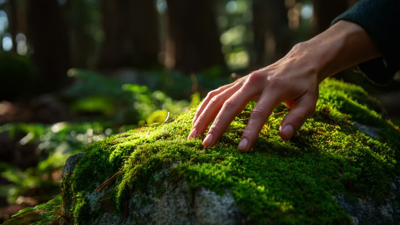 A Close-up Exploration of Nature: The Gentle Touch of a Hand on Vibrant Green Moss on a Stone Surrounded by Lush Forest Scenery, Highlighting the Beauty and Serenity of the Natural World