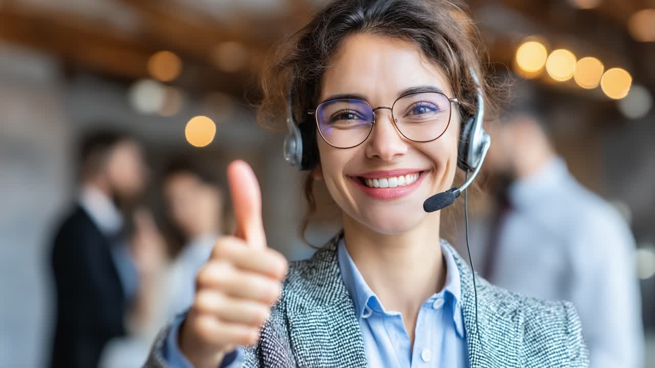 Cheerful Customer Support Agent Expressing Positivity with a Thumbs Up Gesture While Wearing Headset in a Professional Office Environment