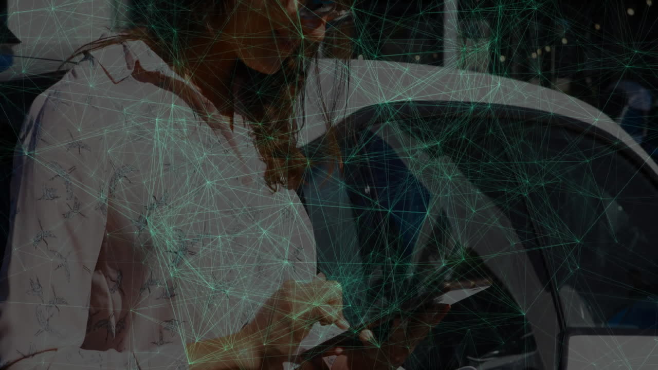 woman tapping smartphone in parking area, displaying animated teal tech network analytics graphics