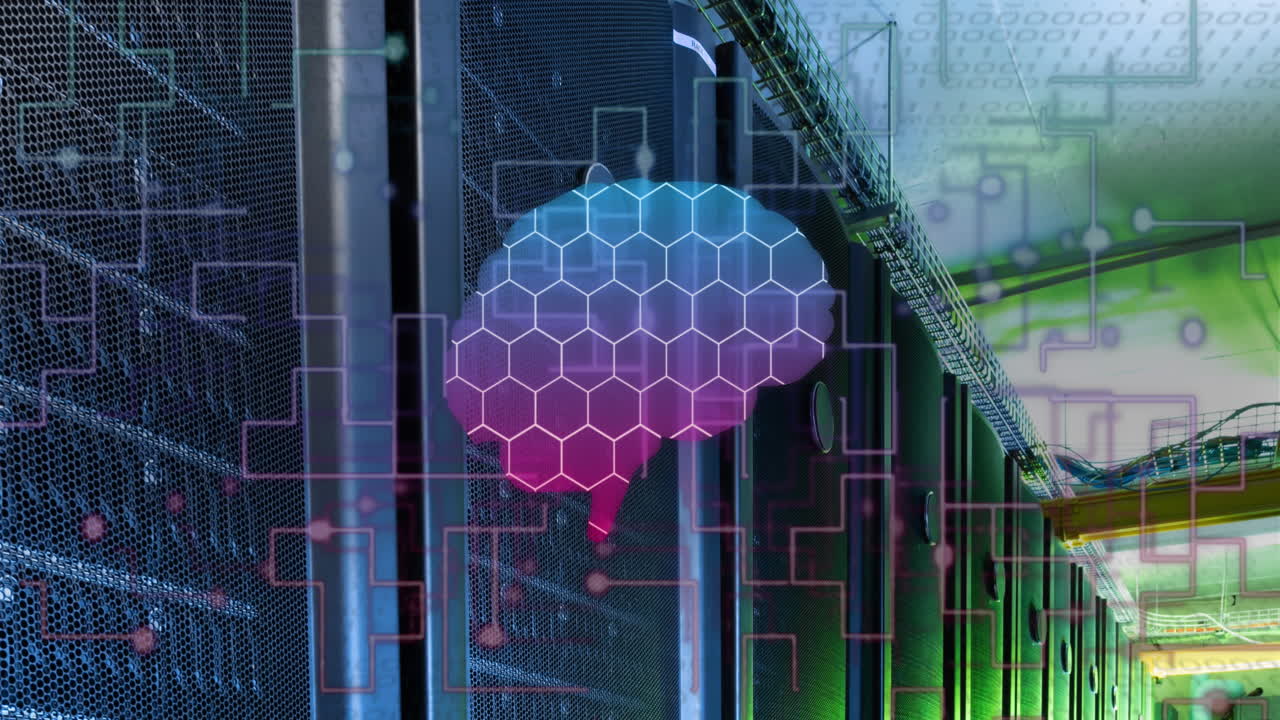 Animation of human brain, connections and data processing over circuit board and servers