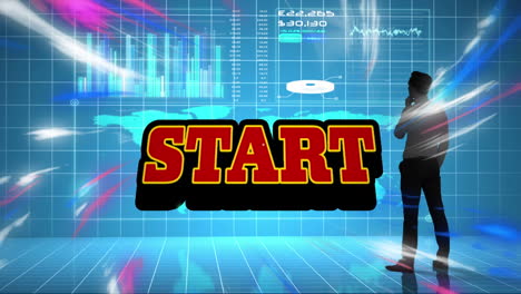 animation of start text over biracial businessman analyzing graph, world map on digital interface