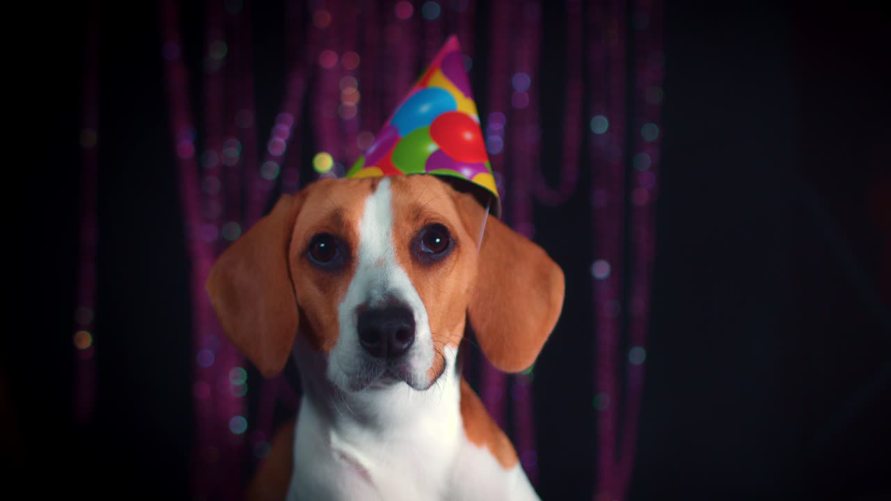 Cane beagle di compleanno 4K in posa con un cappello