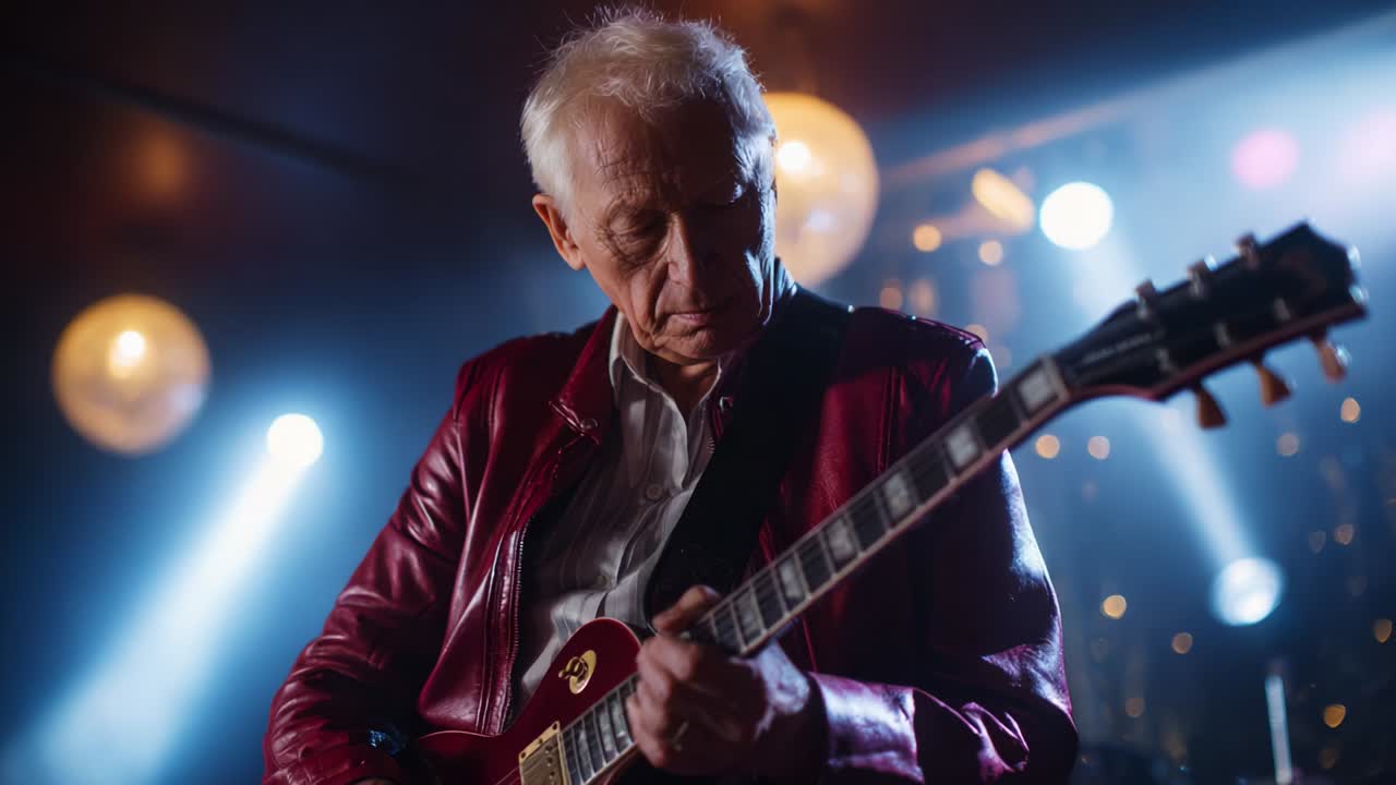 An Inspiring Hero with Electric Passion: A Talented Musician Drenched in Stage Light, Masterfully Playing Guitar with Emotion, Capturing the Audience in a Live Performance Setting Full of Energy and Artistic Vibes