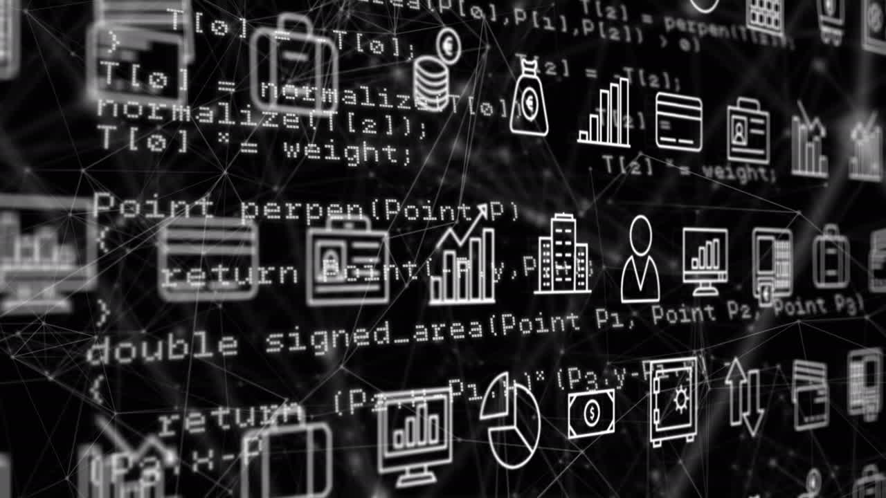 Animation of interface with multiple digital icons, data processing and network of connections