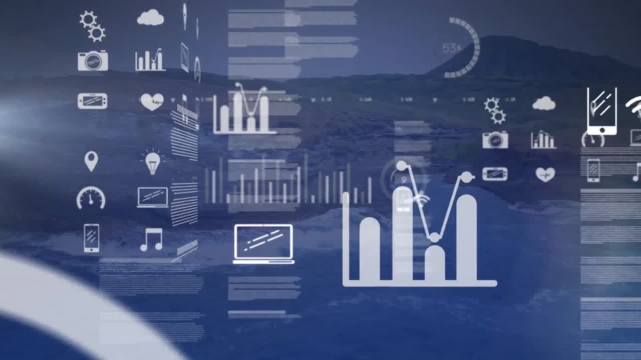 Animation of financial data processing over landscape