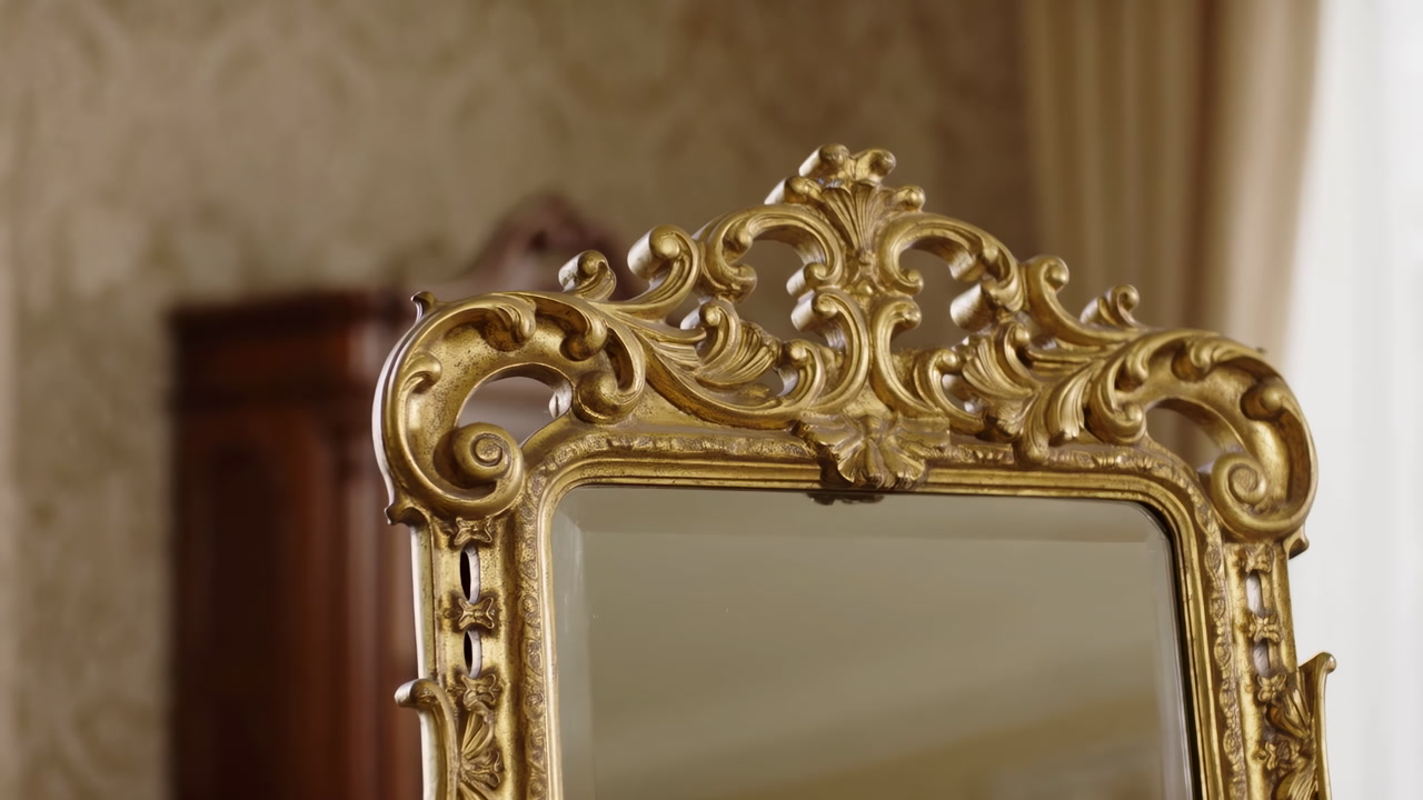 Ornate Gold Mirror Frame Closeup Showing Baroque Carved Details, Vintage Bedroom Backdrop With Warm Curtains