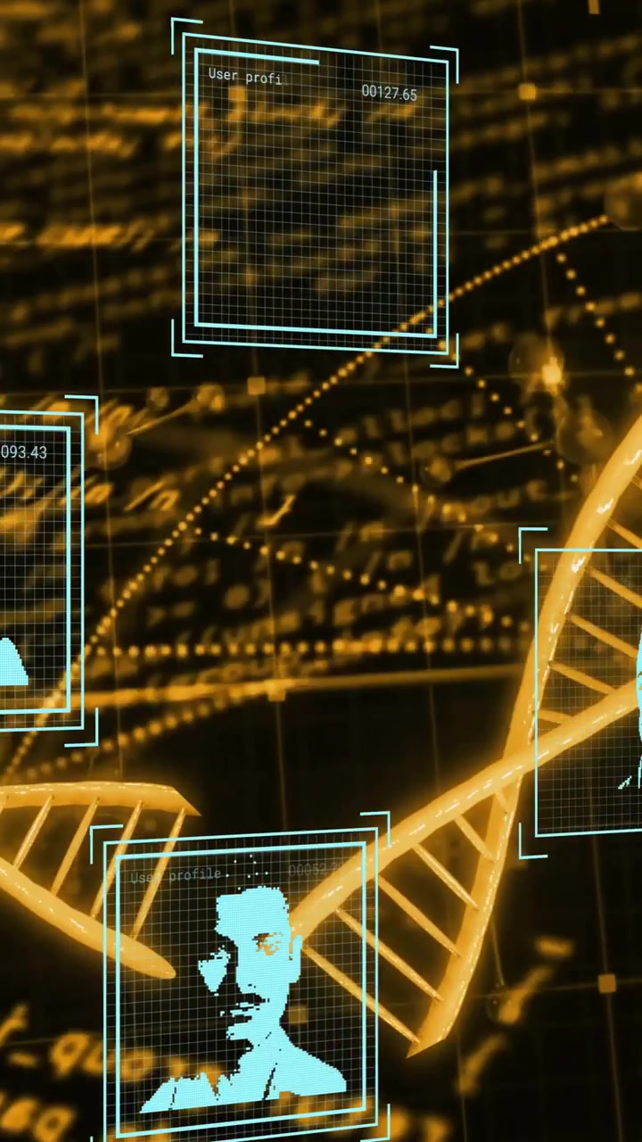 Animation of data processing with people icons over dna strands