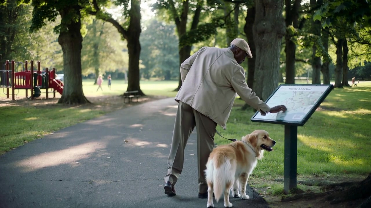 Spotting park sign, senior in cap stopping, tracing map seeking route with dog leash, continuing