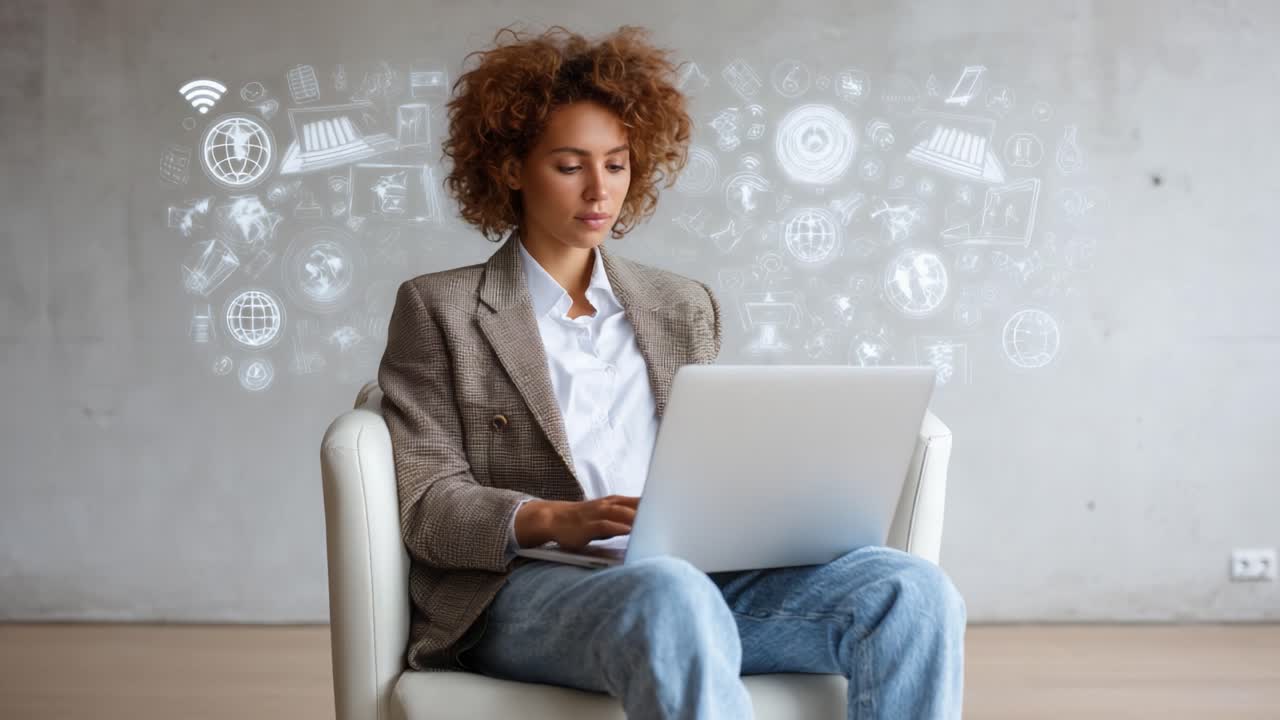Focused Professional Reviewing Digital Data and Analytics on Laptop While Seated Comfortably, Surrounded by Creative Technology Icons Symbolizing Innovation and Connectivity