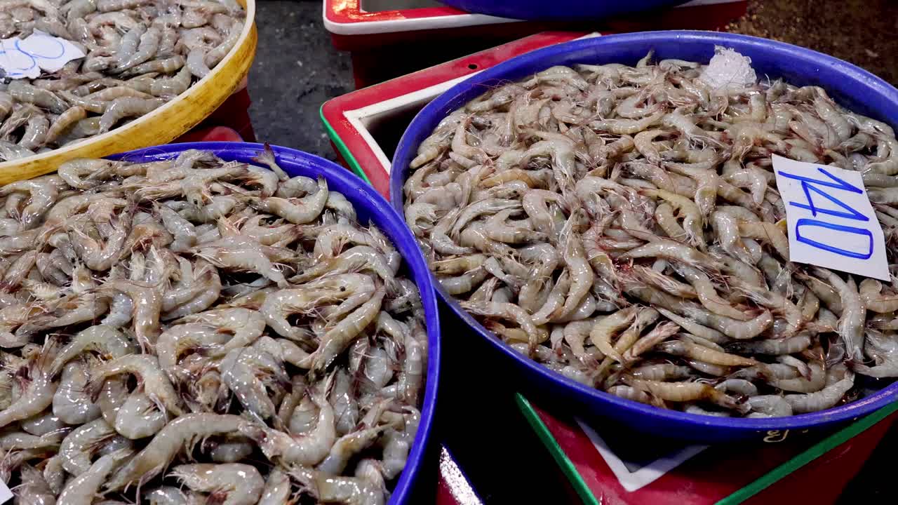 clasificación y selección de camarones en un mercado de mariscos