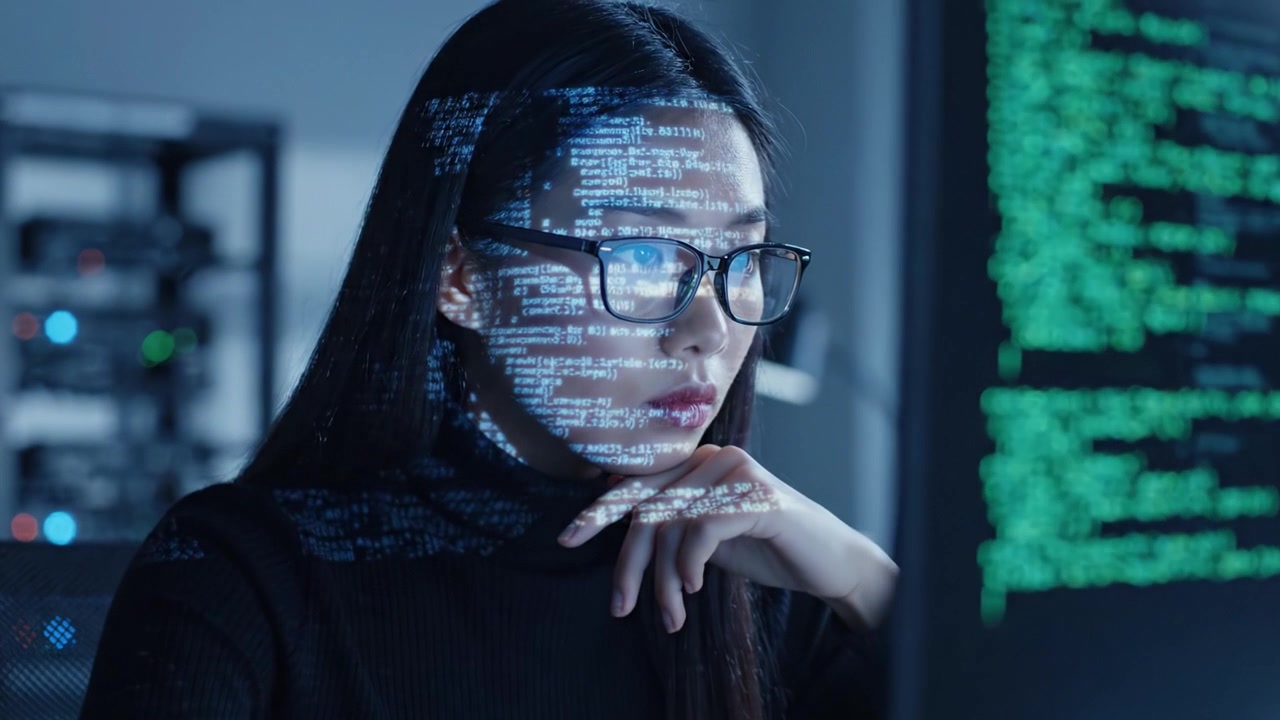 Una persona concentrata si dedica a codifica e programmazione avanzate, la sua concentrazione evidenziata dal riflesso dei dati del computer sui suoi occhiali in un ambiente tecnologico scarsamente illuminato.