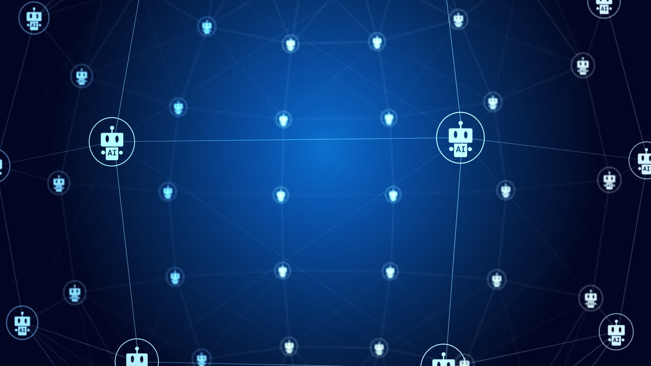 Animation of network of connections with icons on blue and black background