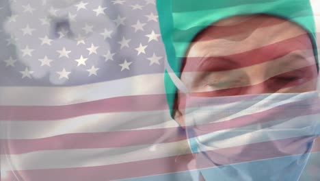 Animation-Der-Flagge-Der-USA-über-Einer-Kaukasischen-Ärztin
