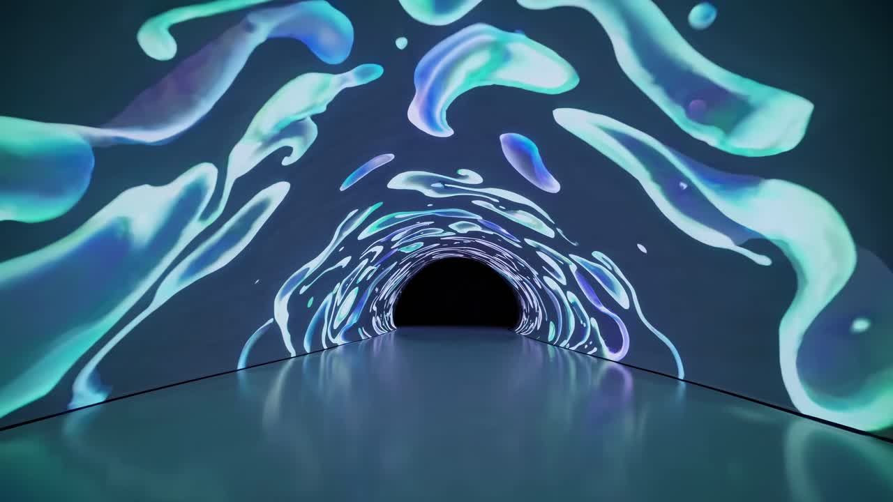 A futuristic tunnel with swirling neon patterns, captured from a low-angle perspective