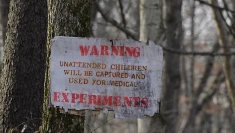 mysterious distressed sign warning of experimental medical procedures on children in remote woodland forest