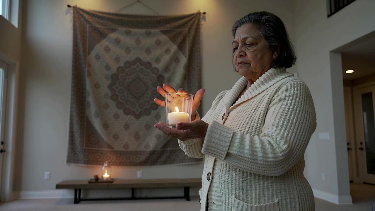 Pulling back showing senior woman in cream cardigan cupping glass candle, keeping flame, copy space