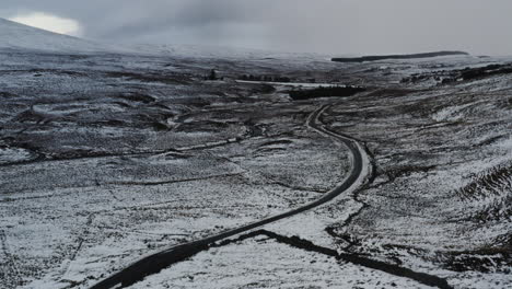 panoramic aerial overview of snow covered rugged rural landscape with winding road